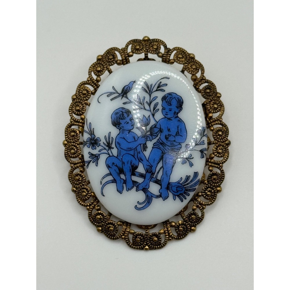 Vintage West Germany Brooch Blue and White Ceramic Cherub Pin - Picture 5 of 15